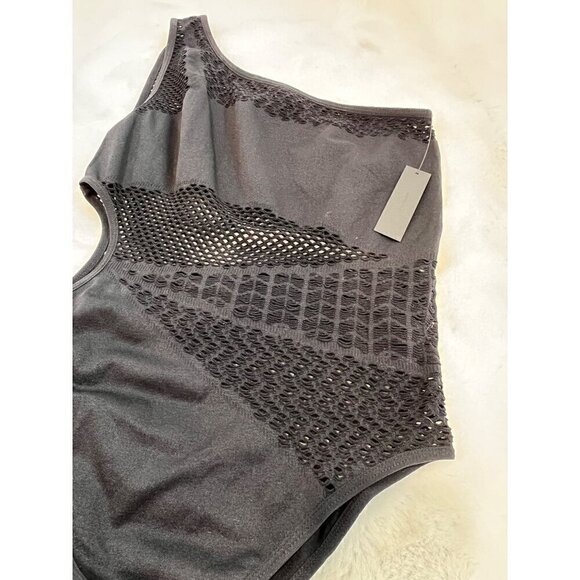 New Hauty Size O/S One-Shoulder Openwork Knit Seamless Teddy Bodysuits Black - Picture 2 of 6